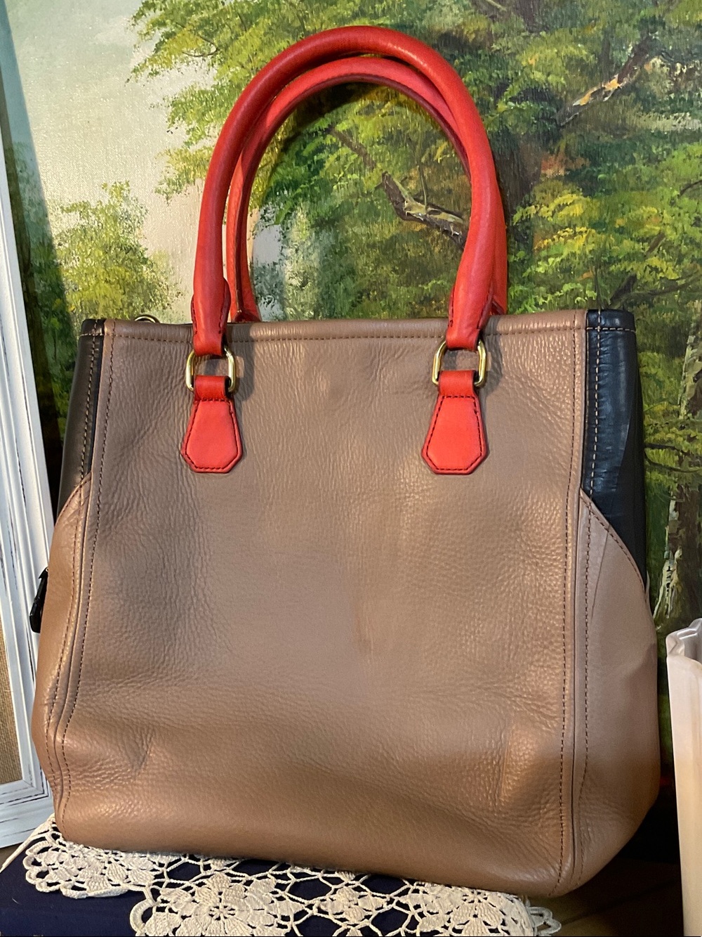 J. Crew Taupe Leather Tote with Red Handles and Black Trim Accents